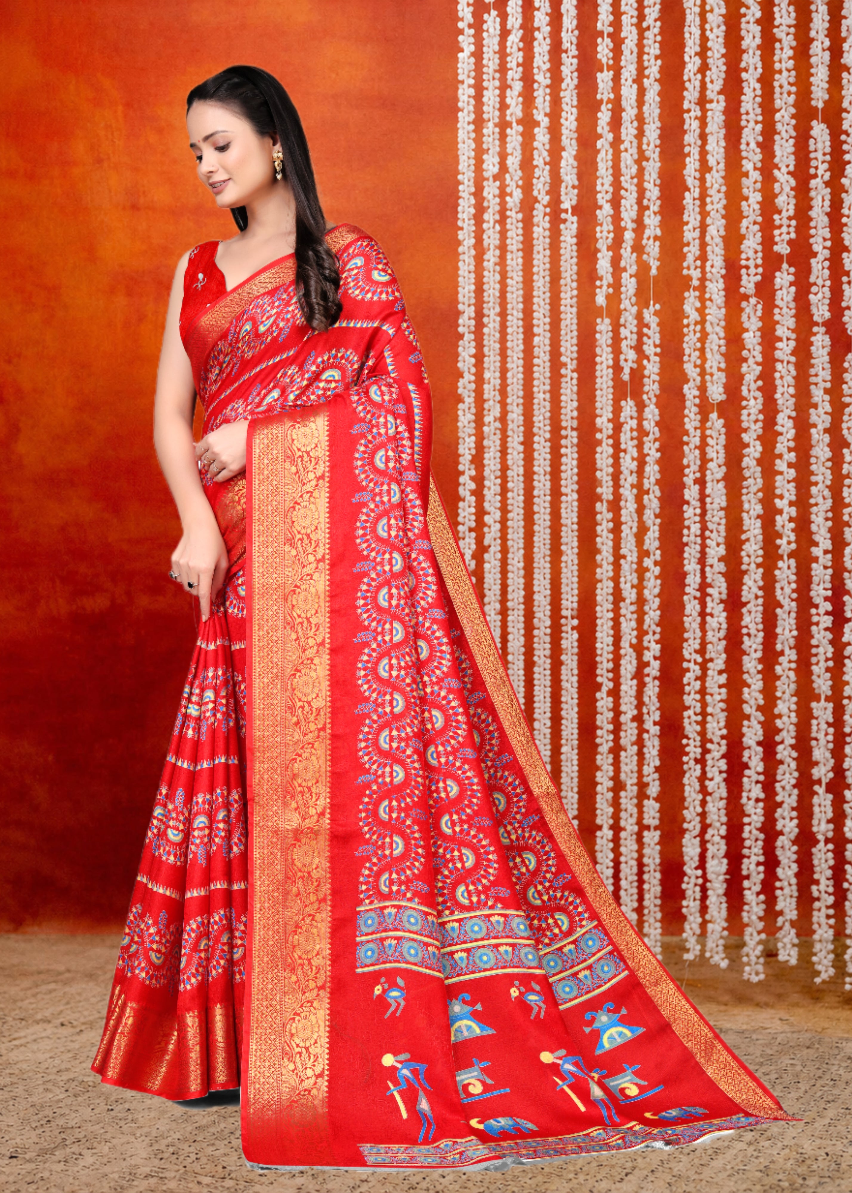 Red Printed Zari Woven Silk Saree