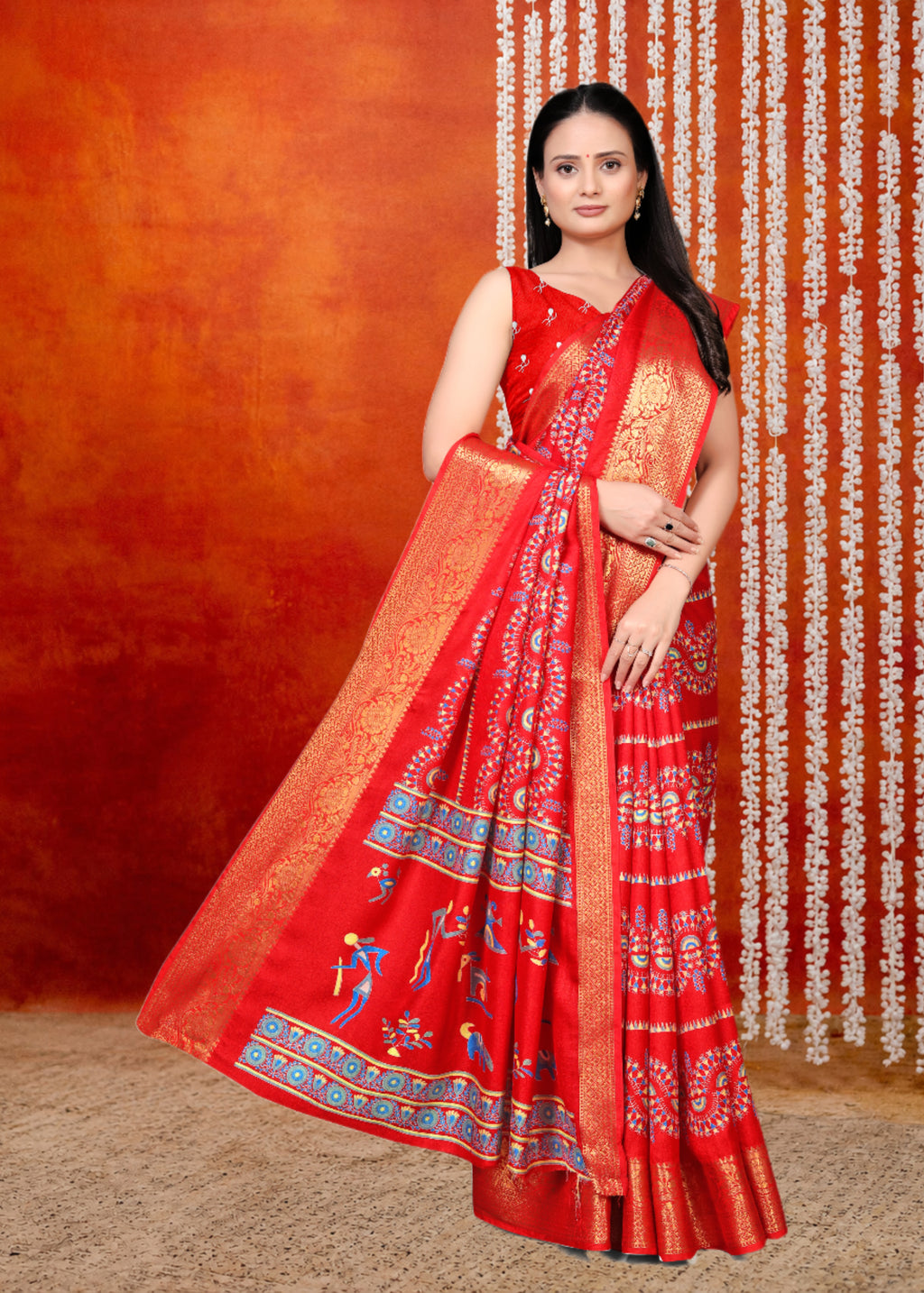 Red Printed Zari Woven Silk Saree