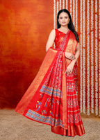 Red Printed Zari Woven Silk Saree