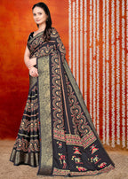 Black Printed Zari Woven Silk Saree