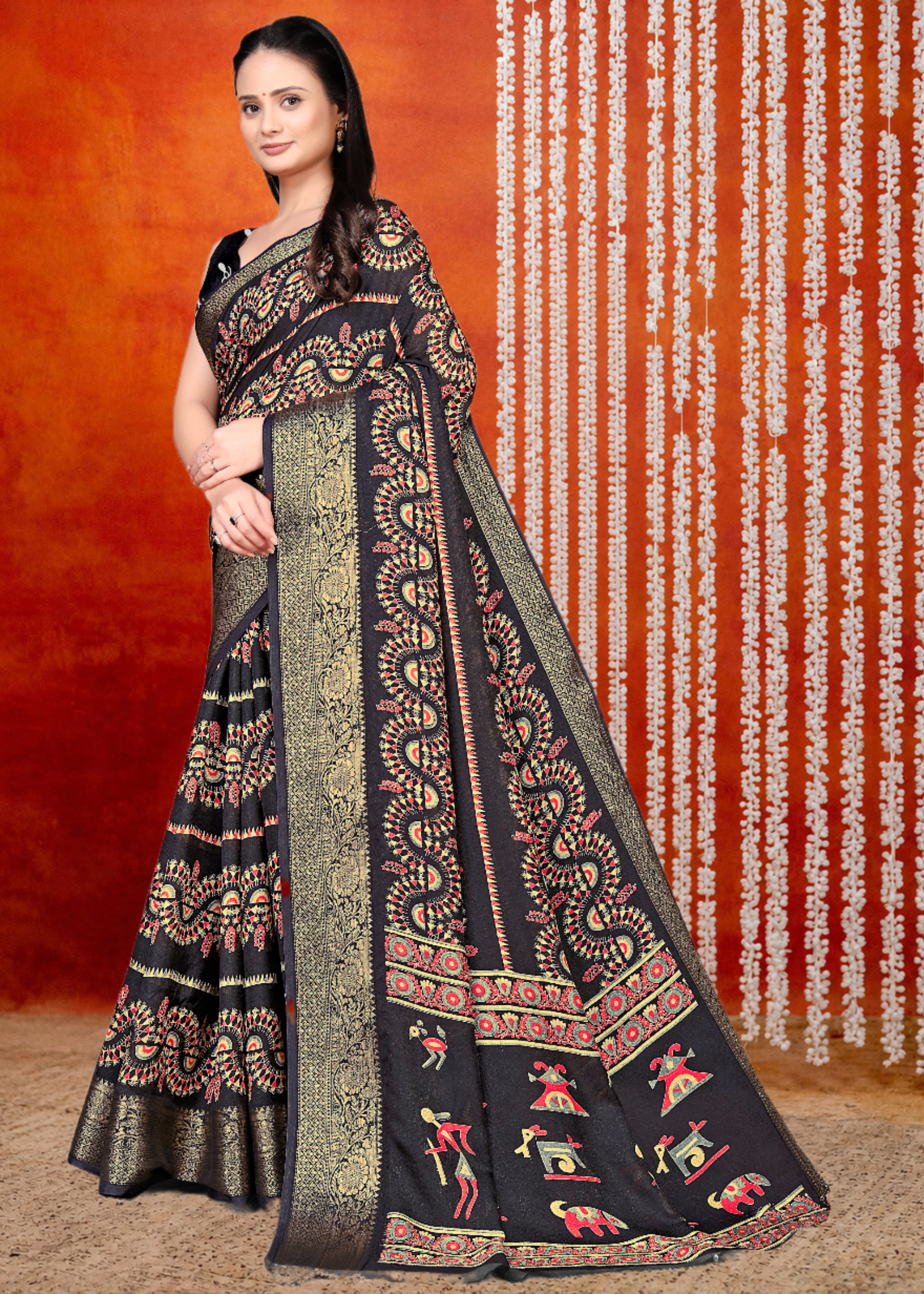 Black Printed Zari Woven Silk Saree