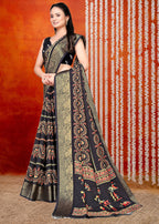 Black Printed Zari Woven Silk Saree