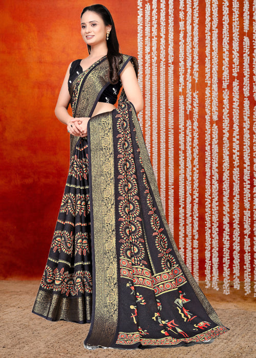 Black Printed Zari Woven Silk Saree