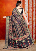Black Printed Zari Woven Silk Saree
