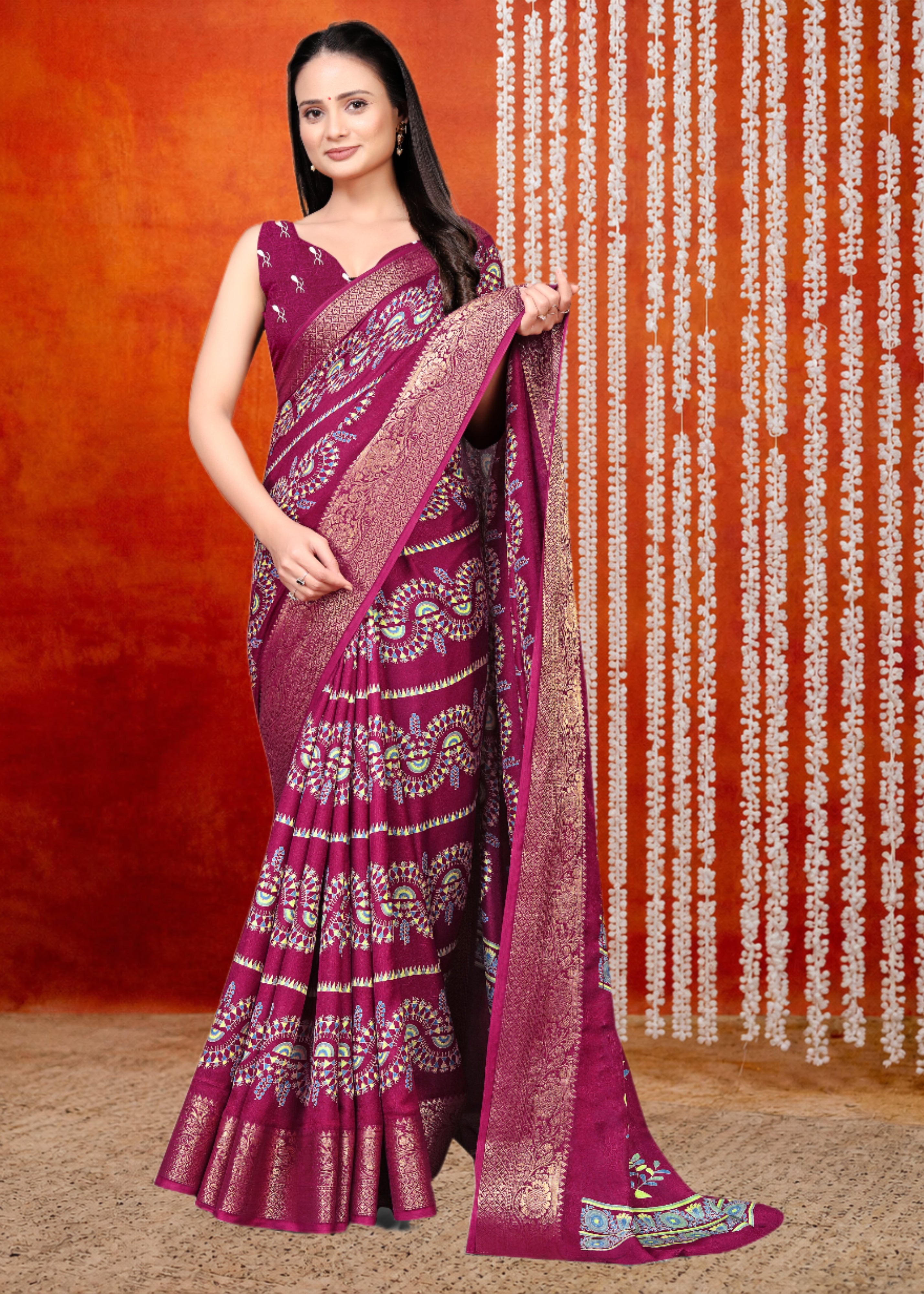 Dark Purple Printed Zari Woven Silk Saree