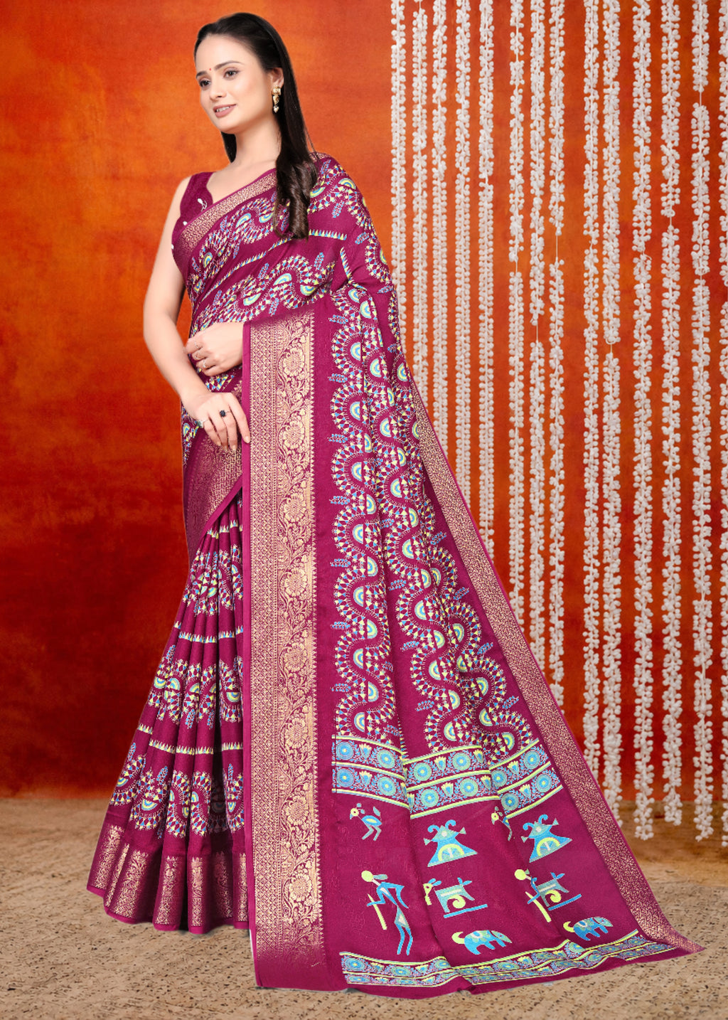 Dark Purple Printed Zari Woven Silk Saree