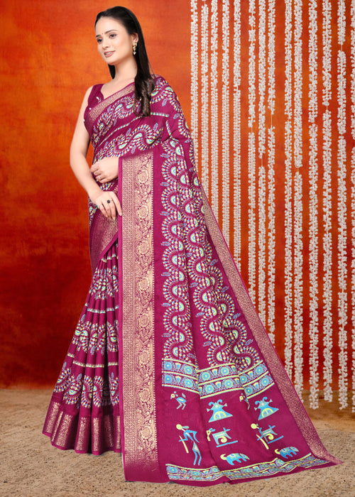Dark Purple Printed Zari Woven Silk Saree