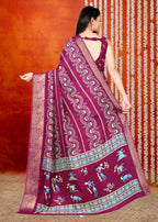 Dark Purple Printed Zari Woven Silk Saree