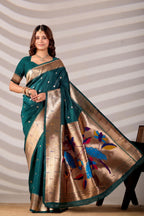 Rama Blue Silk Woven Paithani Saree With Weaving Zari Work
