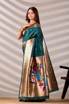 Rama Blue Silk Woven Paithani Saree With Weaving Zari Work