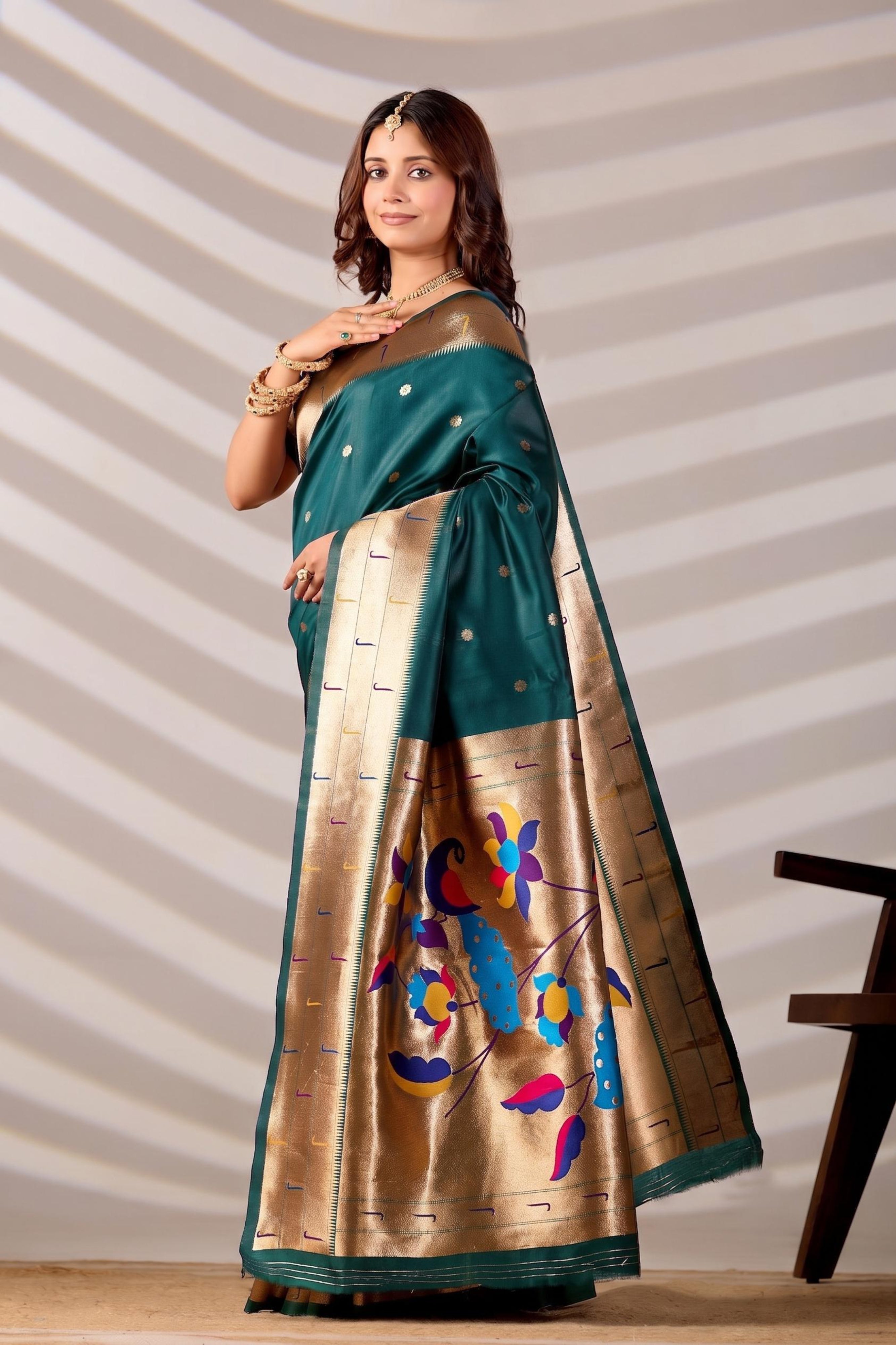 Rama Blue Silk Woven Paithani Saree With Weaving Zari Work