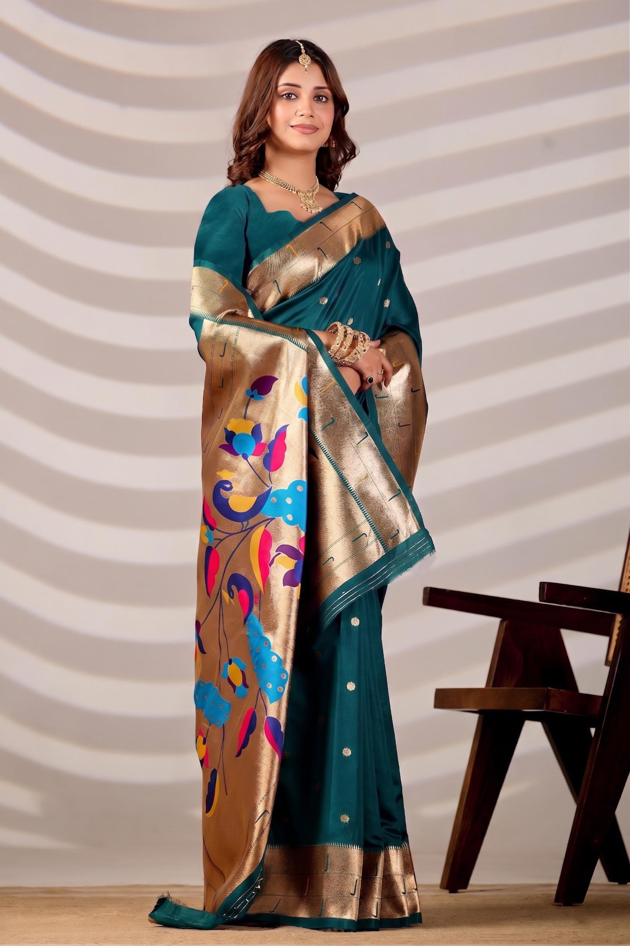 Rama Blue Silk Woven Paithani Saree With Weaving Zari Work