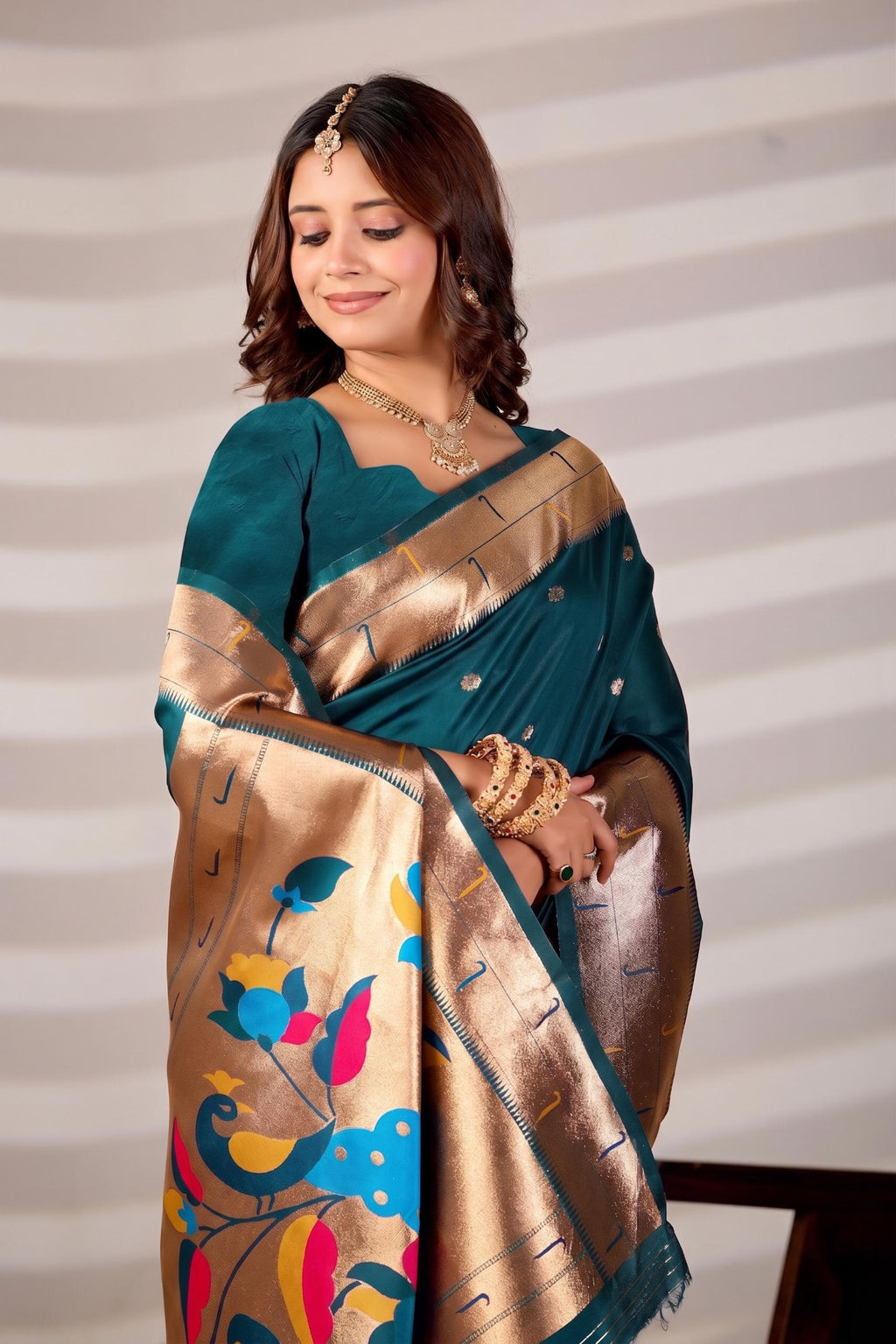 Rama Blue Silk Woven Paithani Saree With Weaving Zari Work