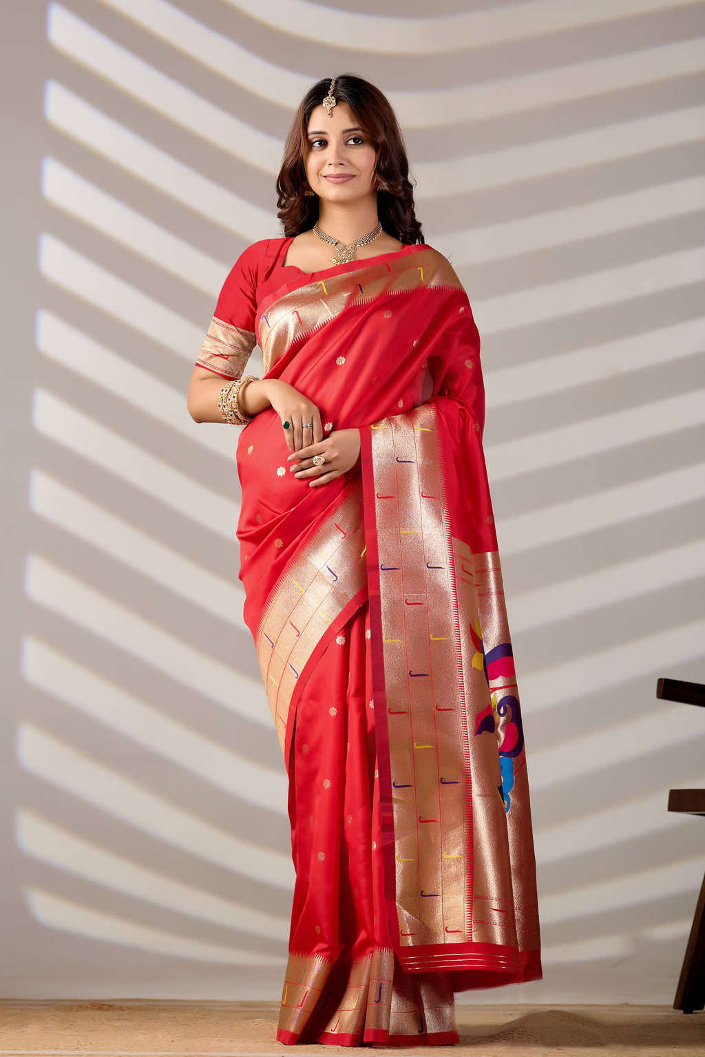 Red Silk Woven Paithani Saree With Weaving Zari Work