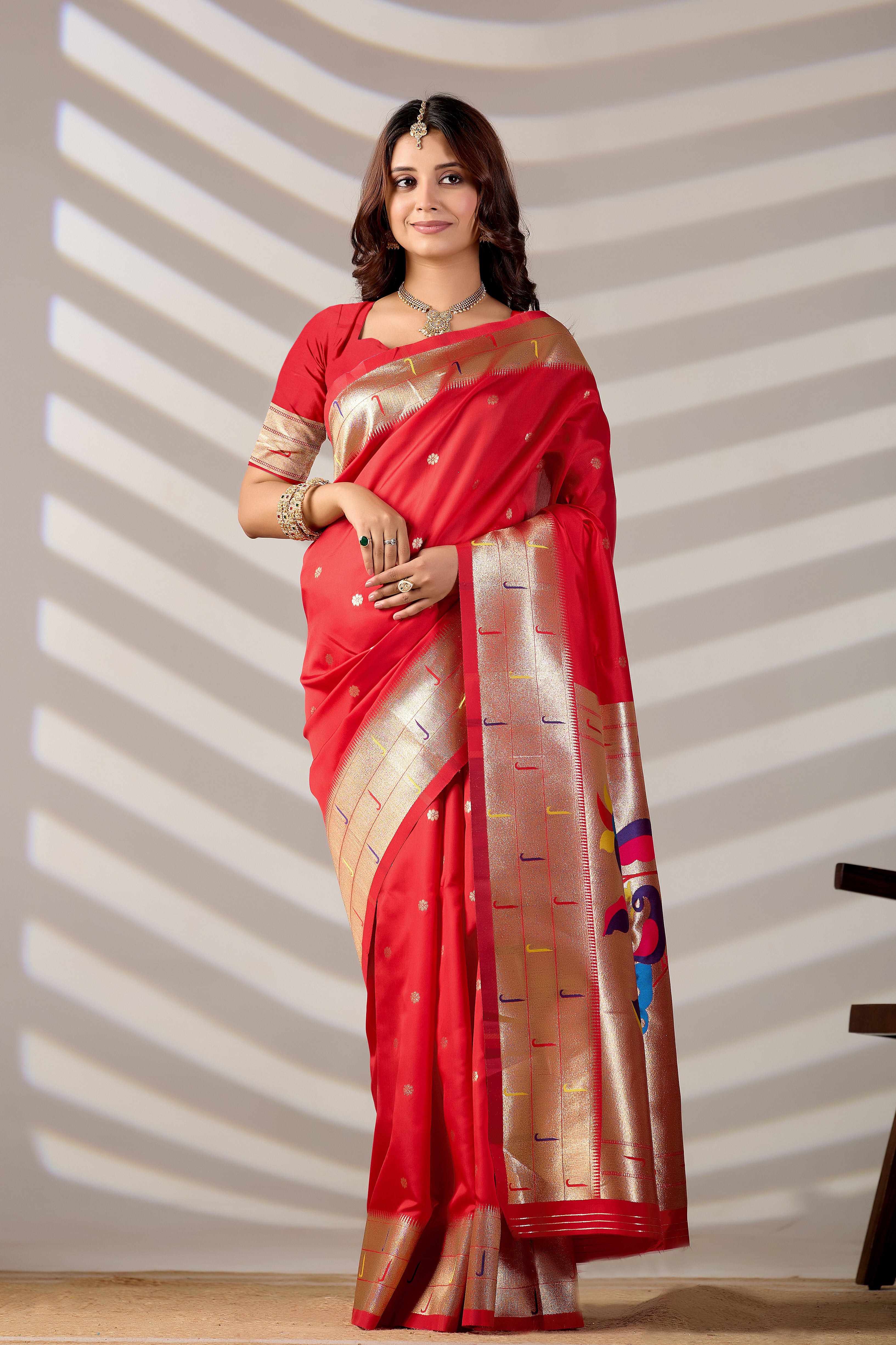 Red Silk Woven Paithani Saree With Weaving Zari Work