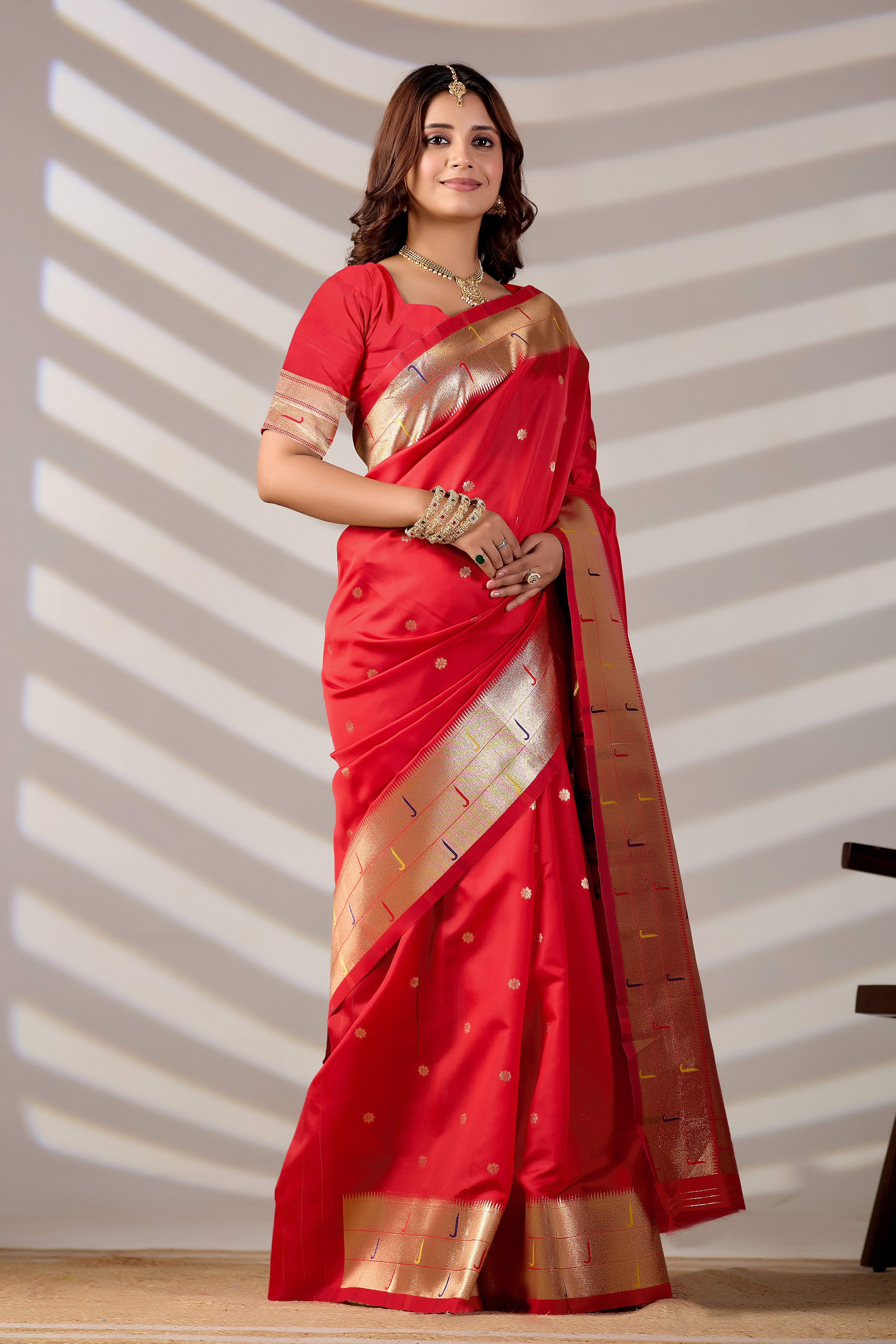 Red Silk Woven Paithani Saree With Weaving Zari Work