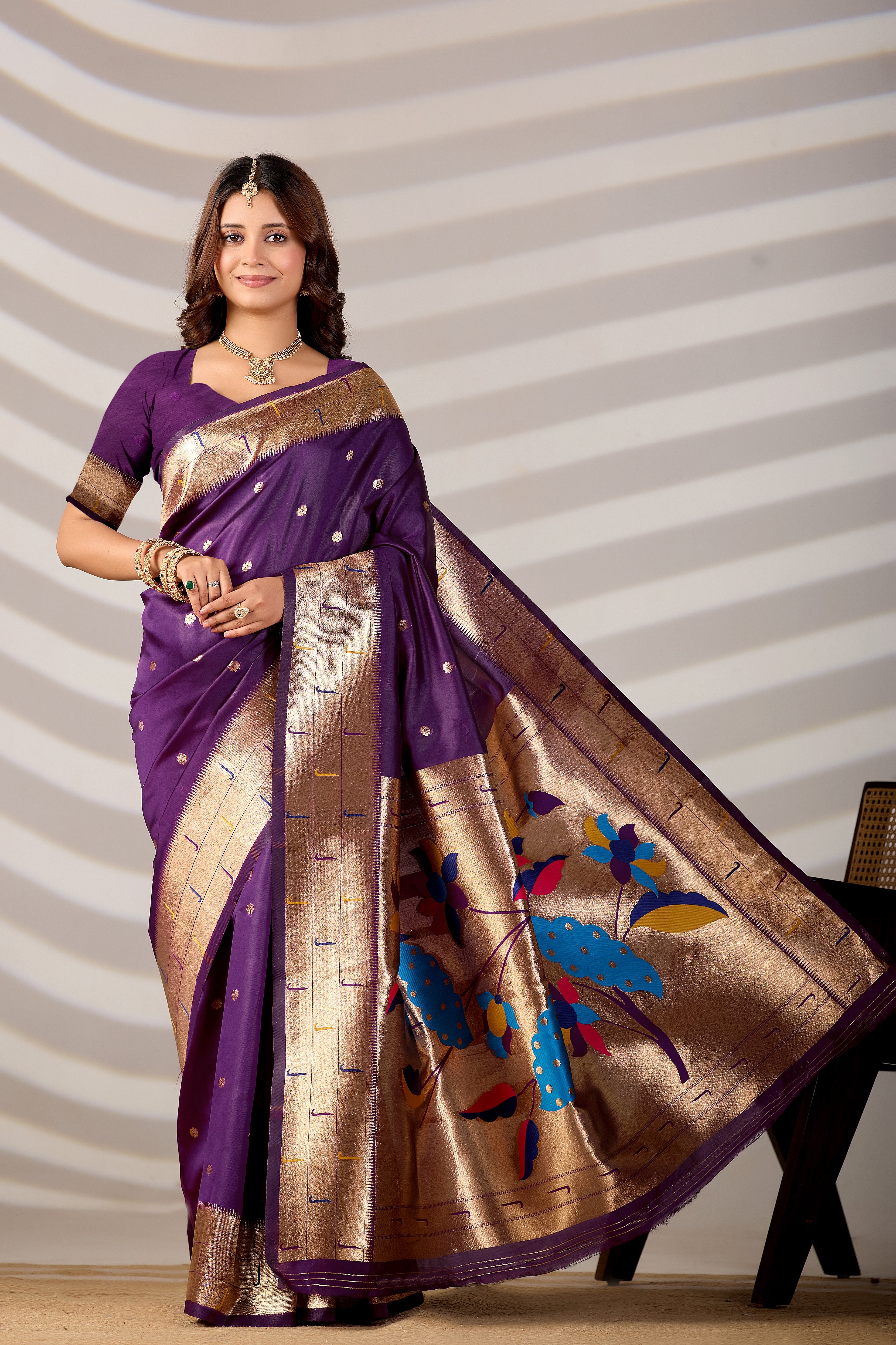 Dark Purple Silk Woven Paithani Saree With Weaving Zari Work