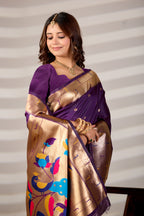 Dark Purple Silk Woven Paithani Saree With Weaving Zari Work