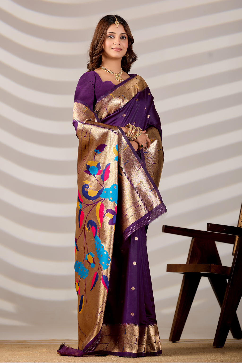 Dark Purple Silk Woven Paithani Saree With Weaving Zari Work