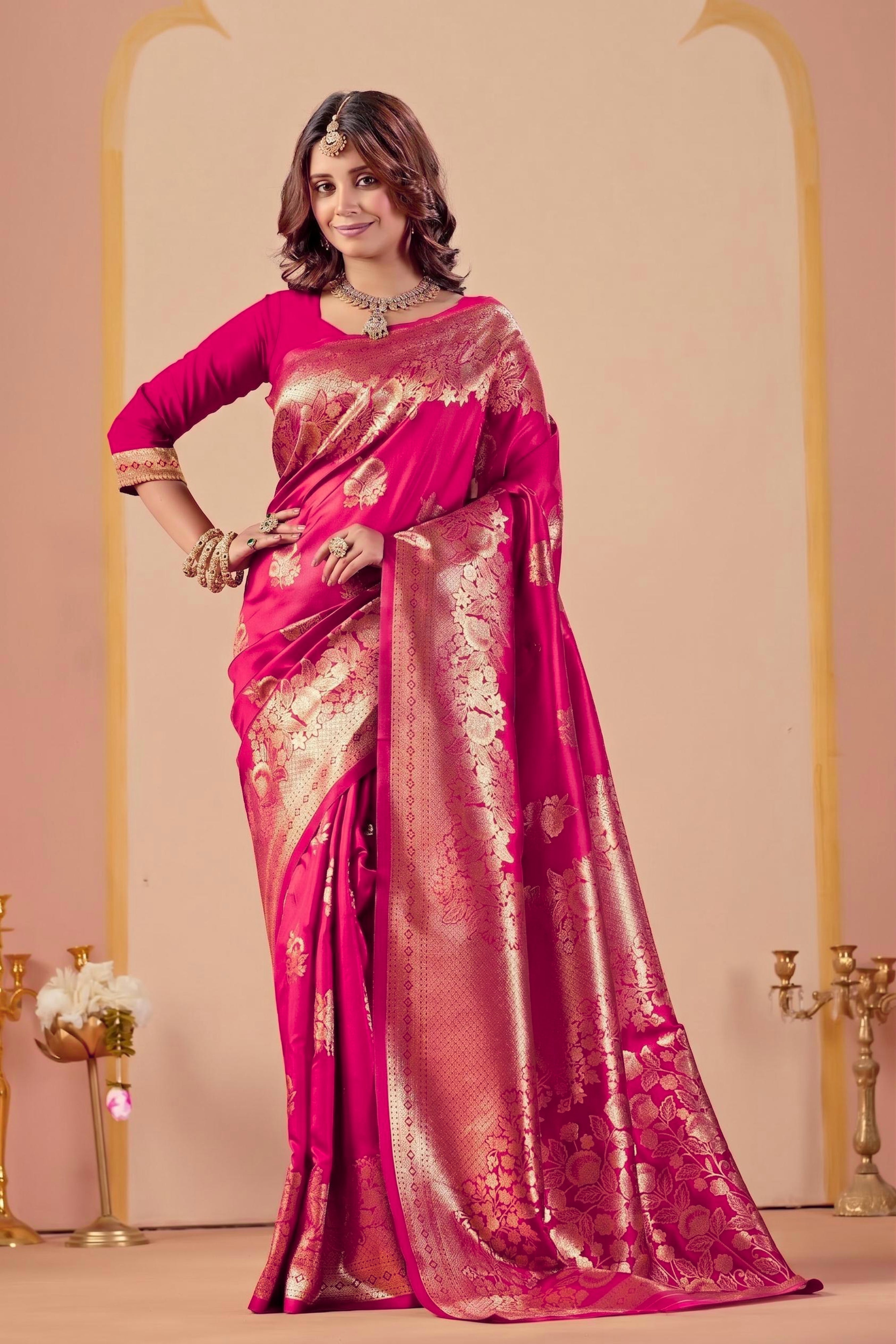 Pink Silk Woven Banarasi Saree With Zari Work