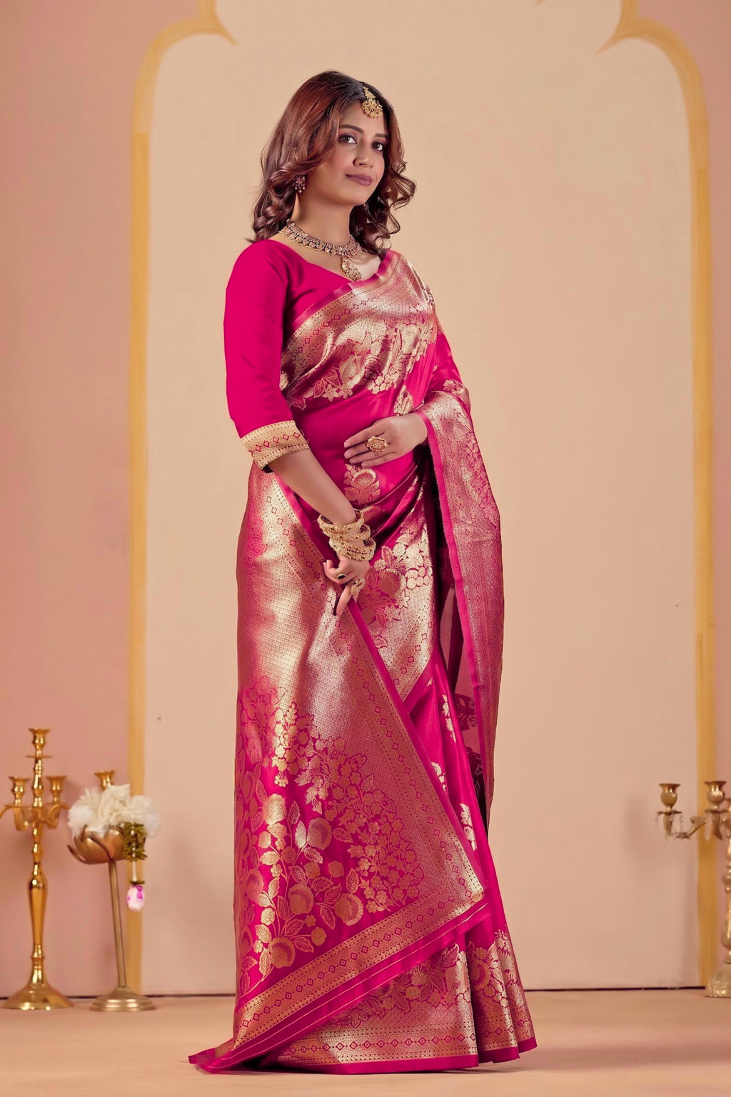 Pink Silk Woven Banarasi Saree With Zari Work