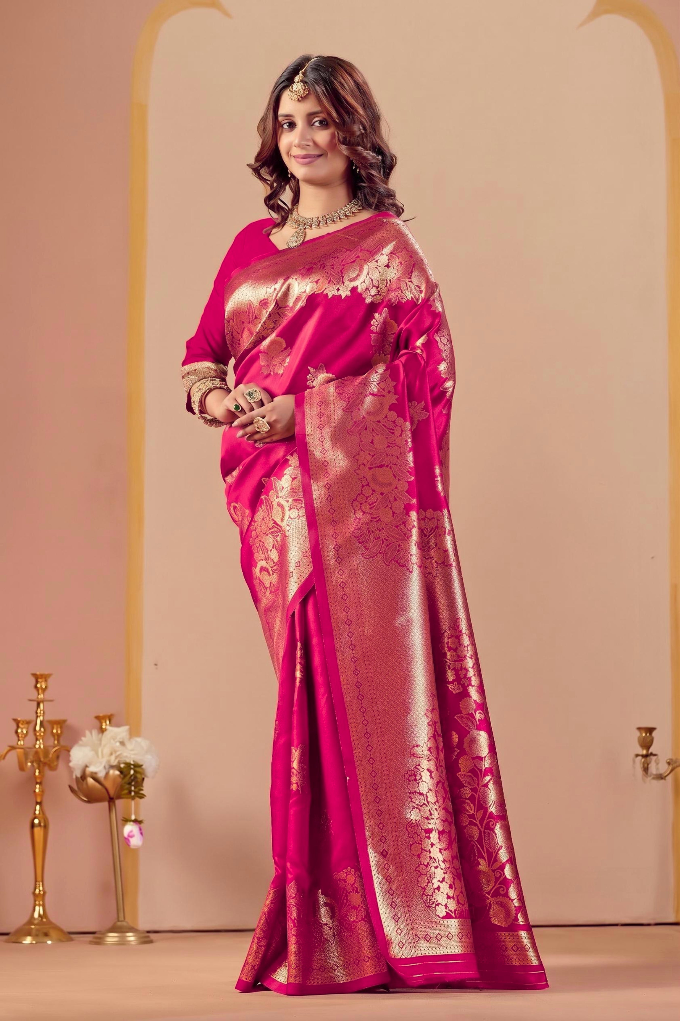 Pink Silk Woven Banarasi Saree With Zari Work