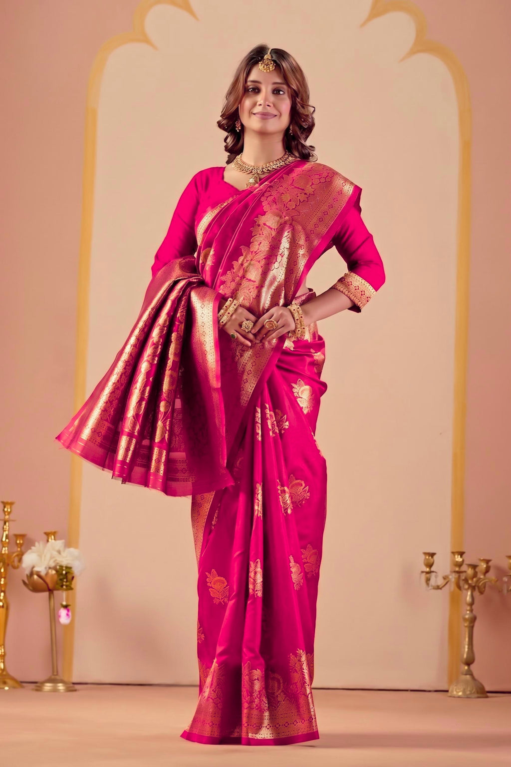 Pink Silk Woven Banarasi Saree With Zari Work
