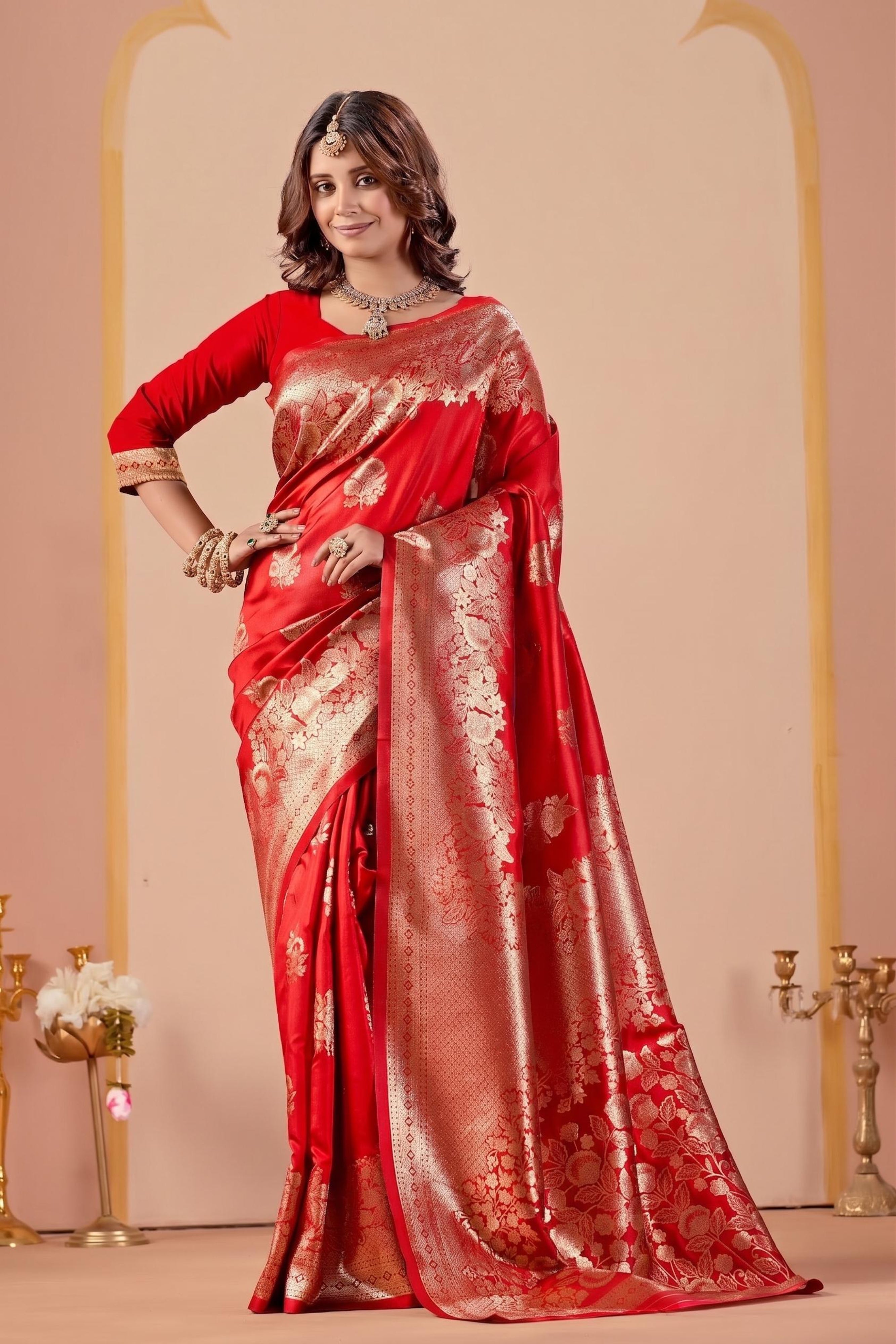 Red Silk Woven Banarasi Saree With Zari Work