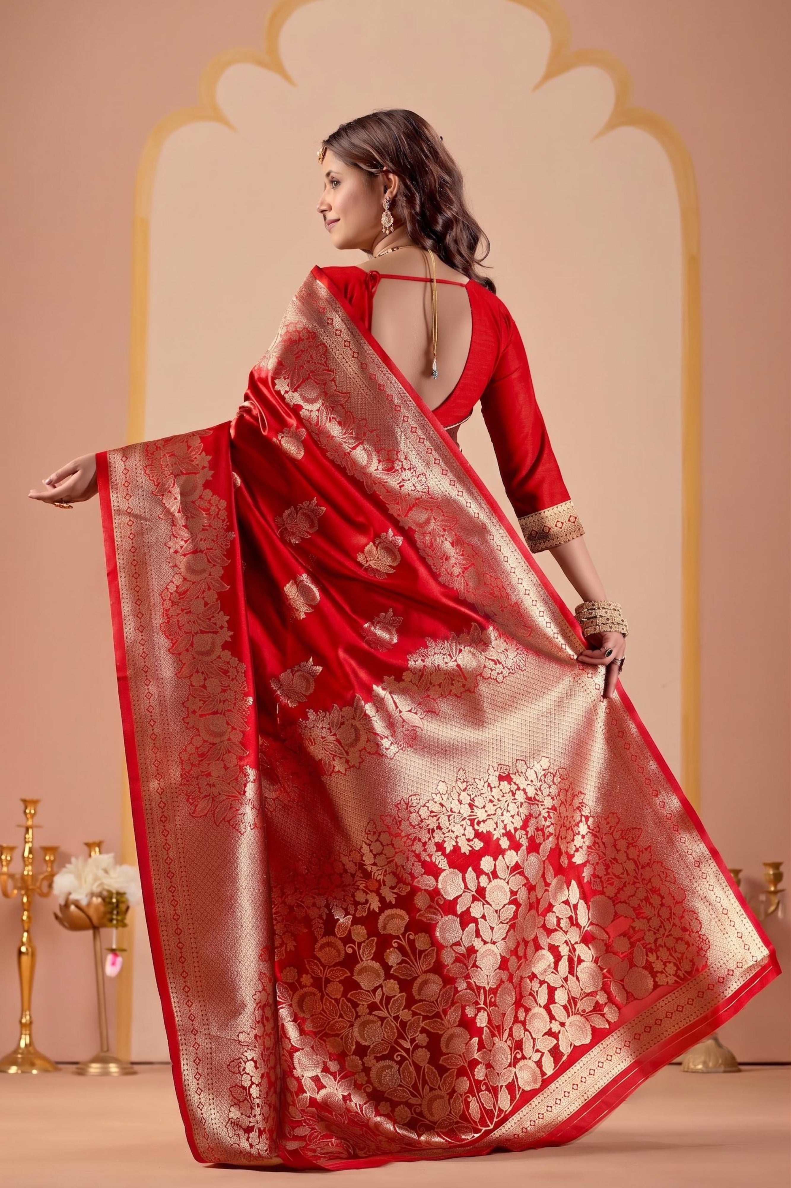 Red Silk Woven Banarasi Saree With Zari Work