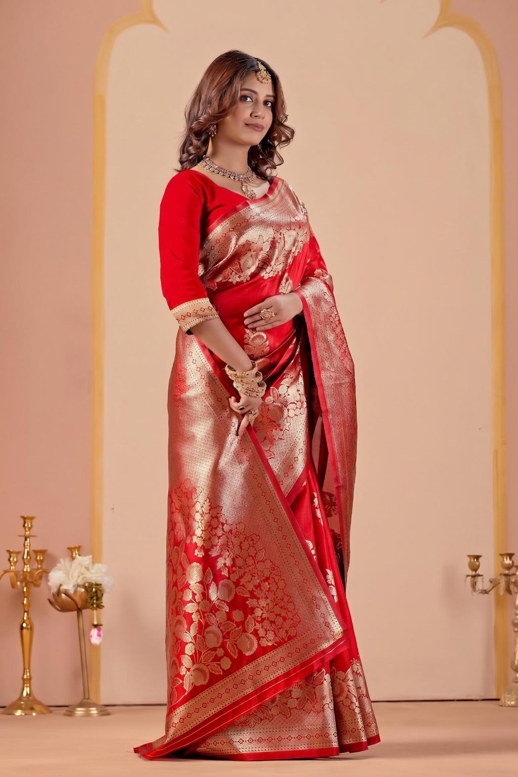 Red Silk Woven Banarasi Saree With Zari Work