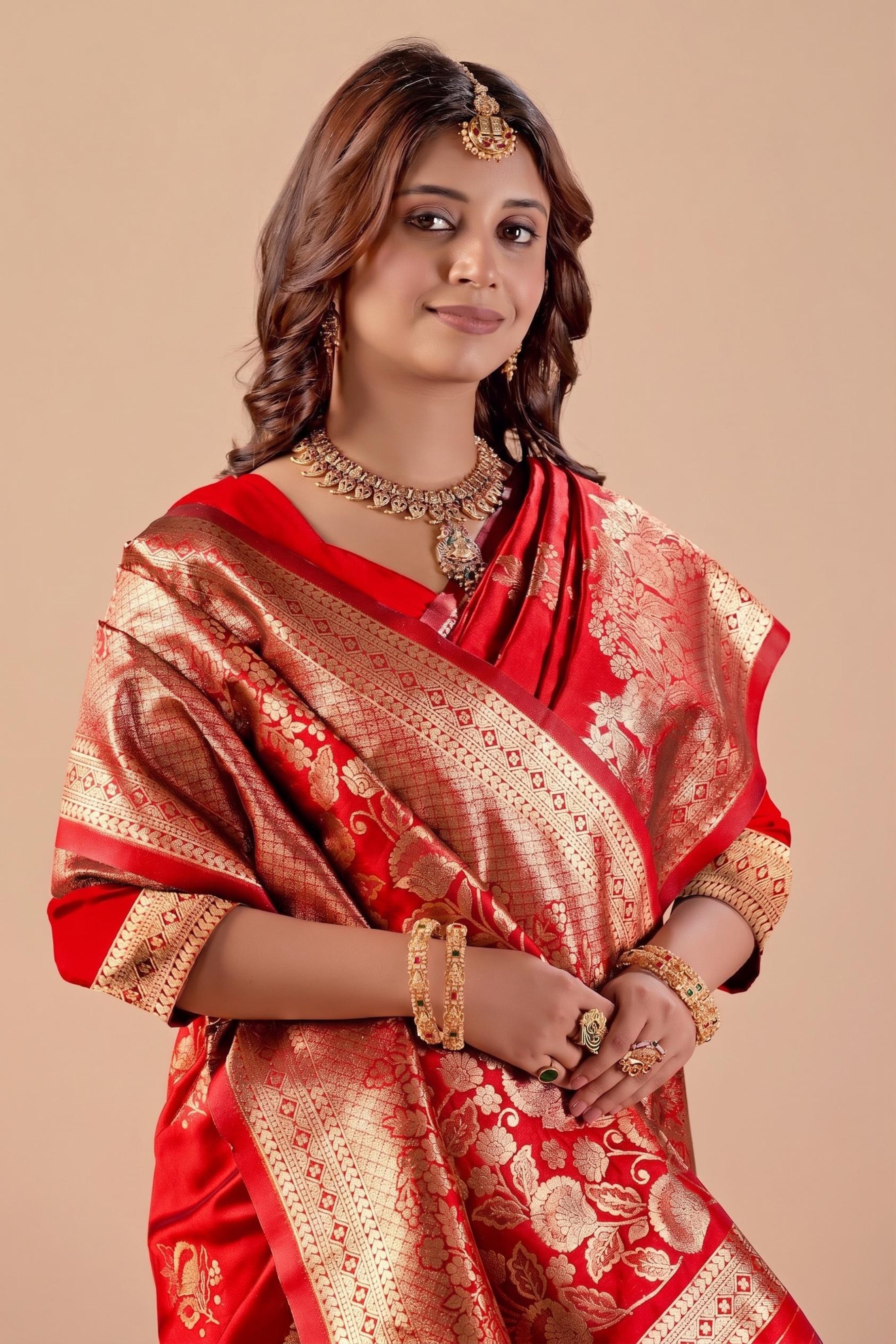 Red Silk Woven Banarasi Saree With Zari Work