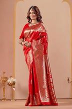 Red Silk Woven Banarasi Saree With Zari Work