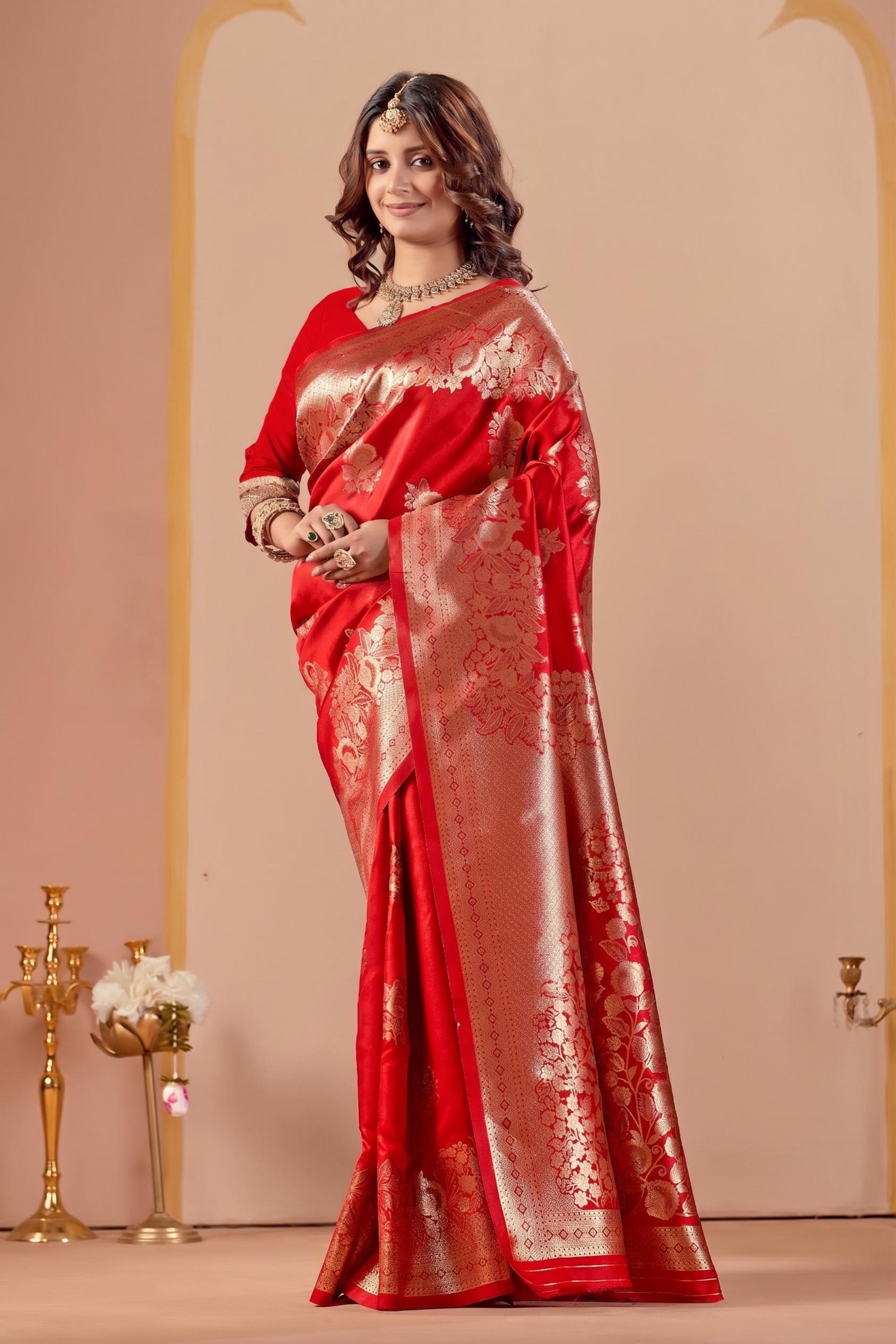 Red Silk Woven Banarasi Saree With Zari Work