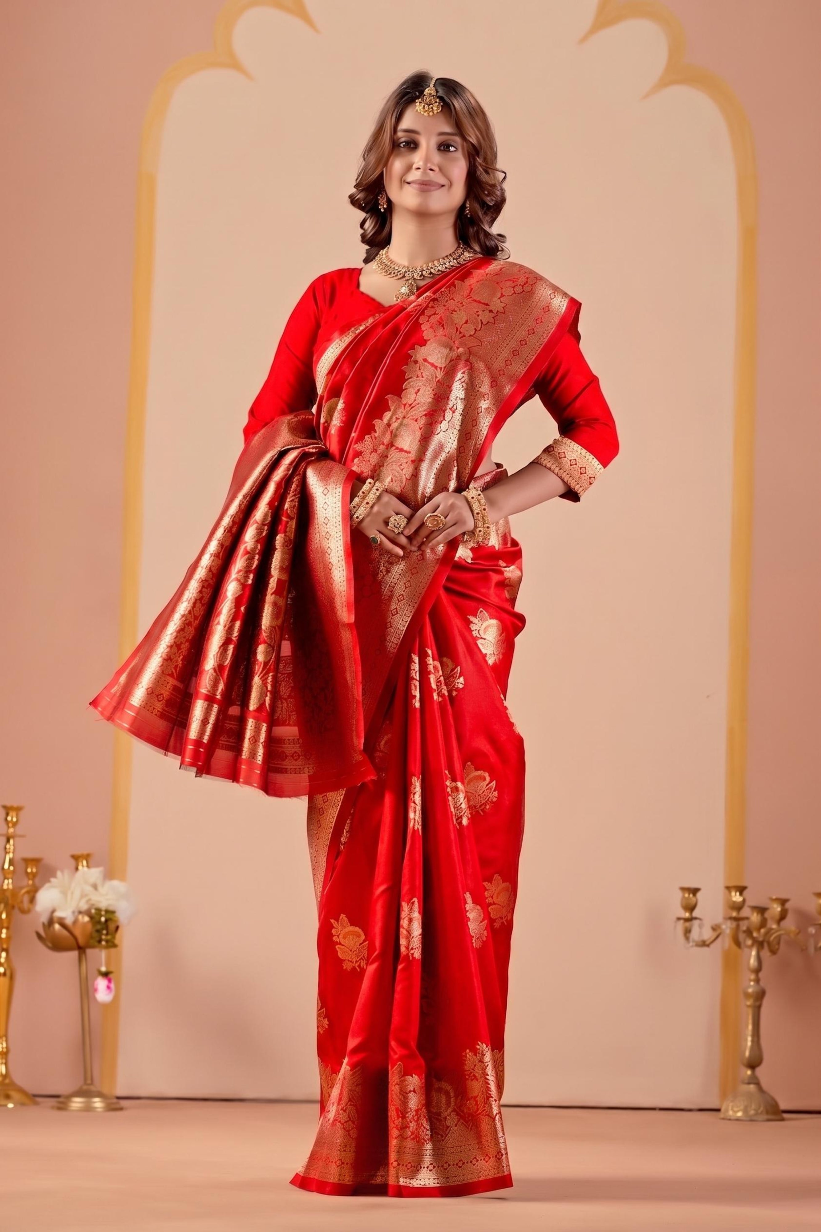 Red Silk Woven Banarasi Saree With Zari Work