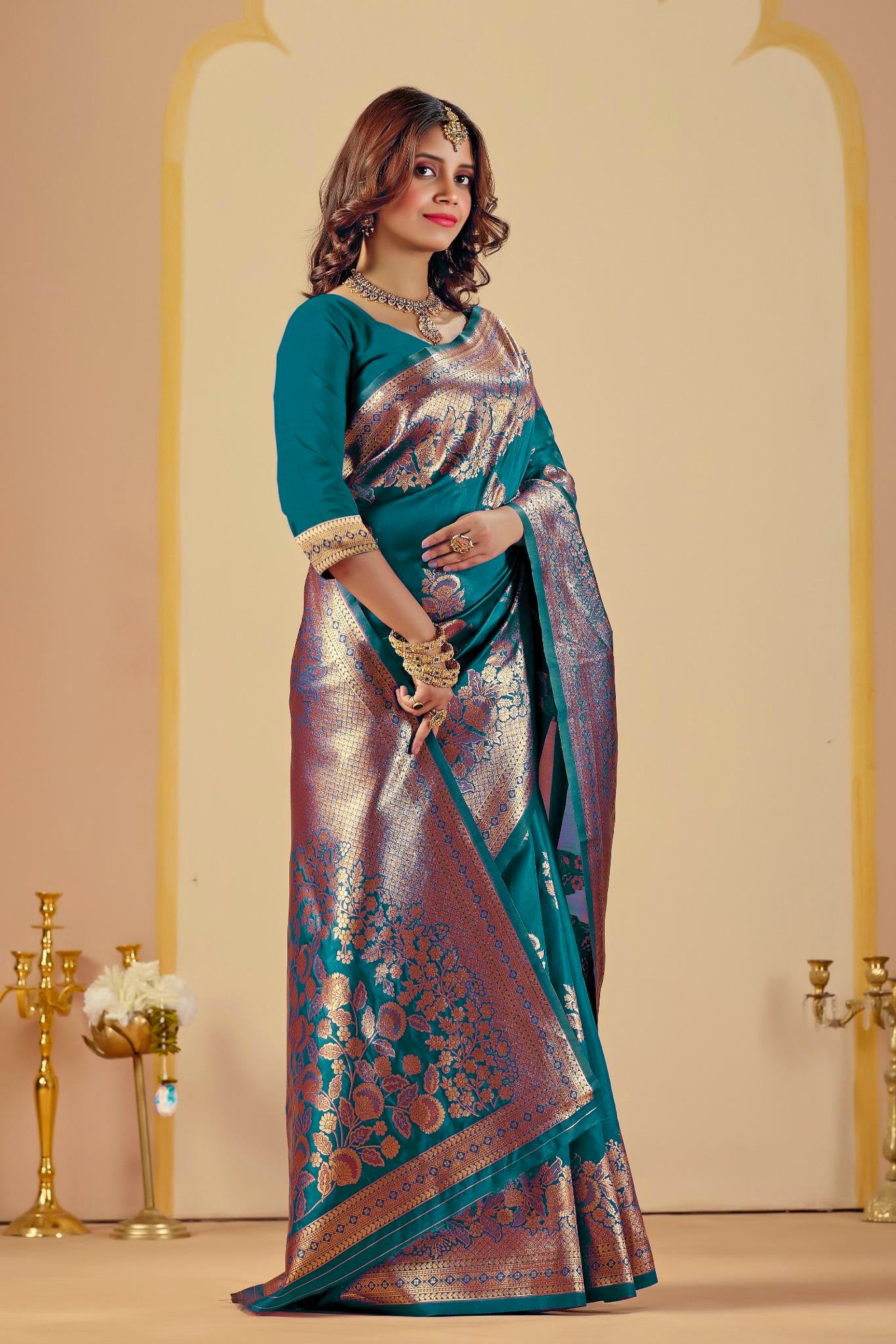 Rama Blue Silk Woven Banarasi Saree With Zari Work