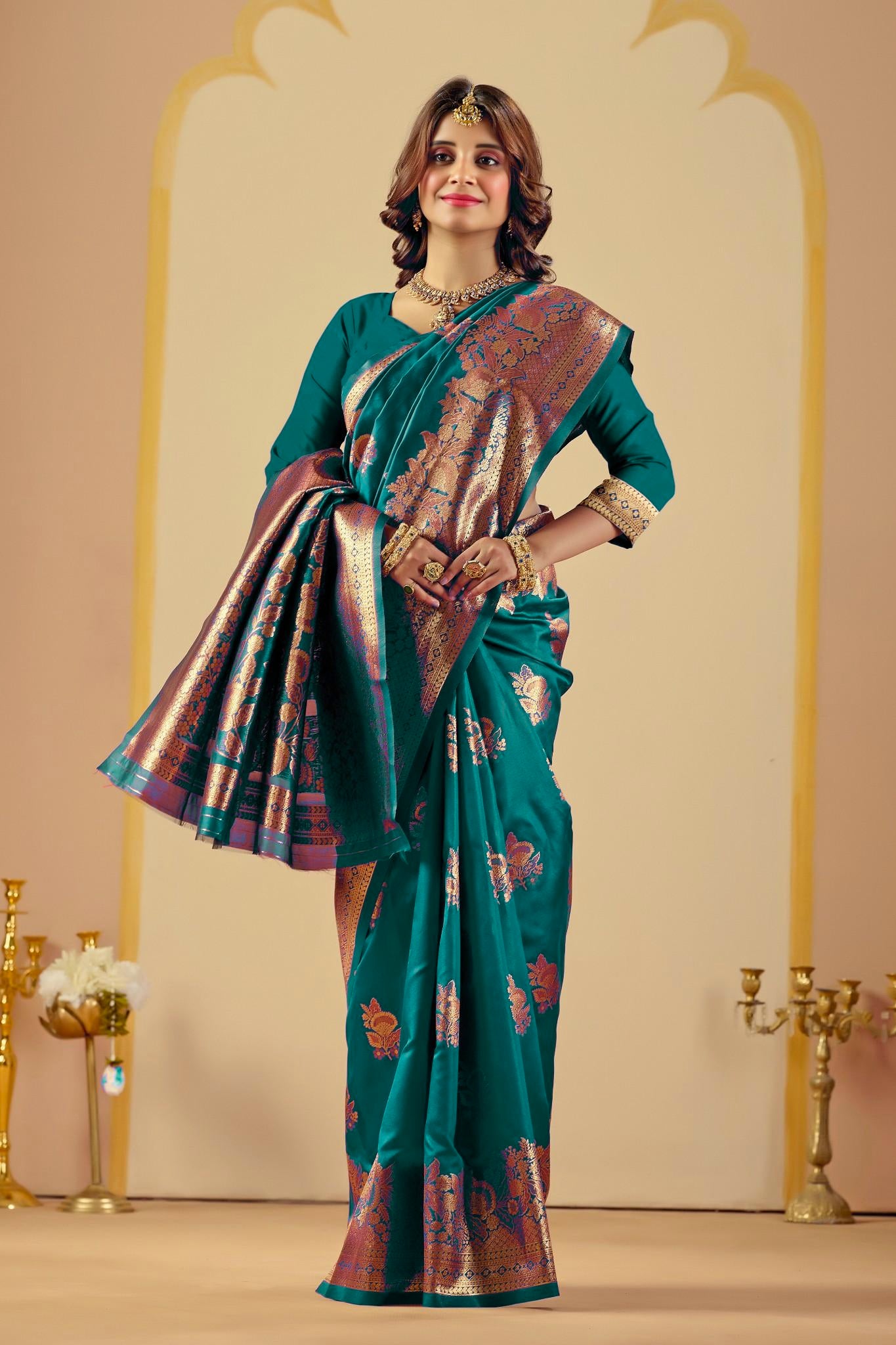 Rama Blue Silk Woven Banarasi Saree With Zari Work