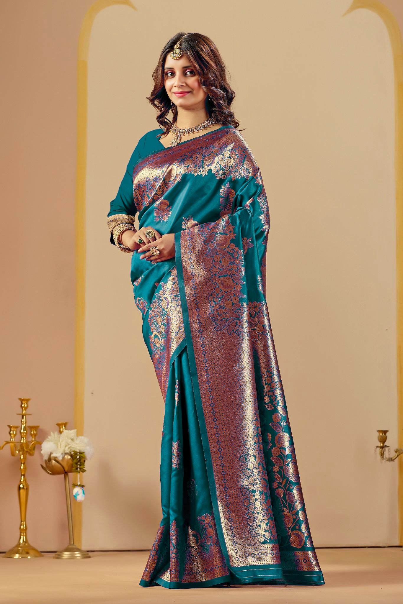 Rama Blue Silk Woven Banarasi Saree With Zari Work