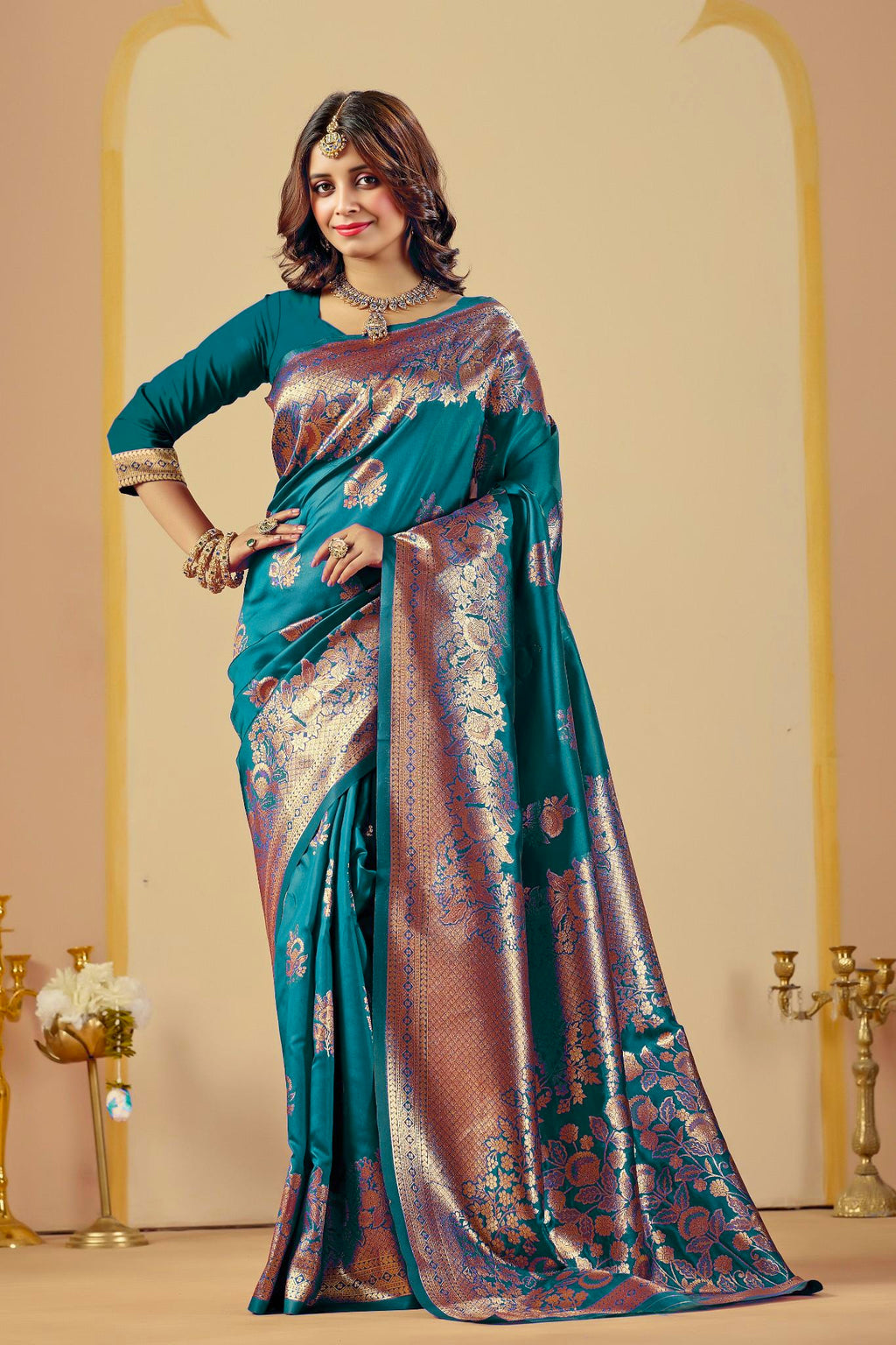 Rama Blue Silk Woven Banarasi Saree With Zari Work