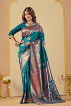 Rama Blue Silk Woven Banarasi Saree With Zari Work