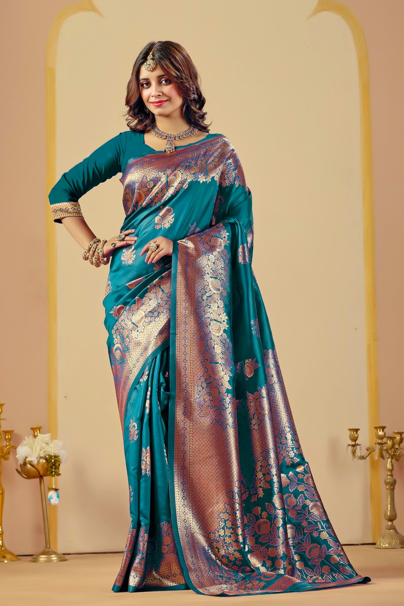 Rama Blue Silk Woven Banarasi Saree With Zari Work