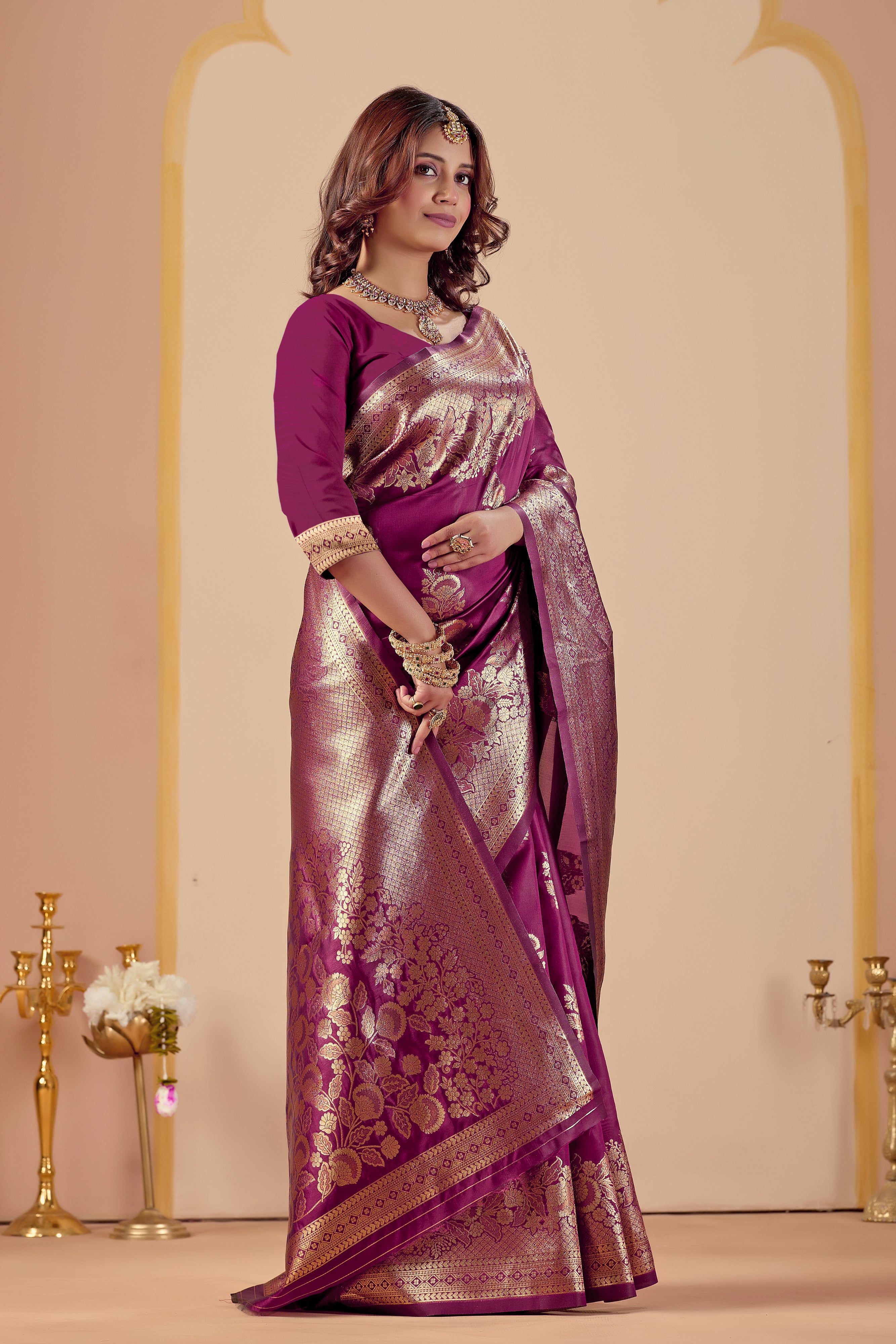 Dark Purple Silk Woven Banarasi Saree With Zari Work