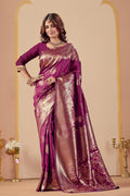 Dark Purple Silk Woven Banarasi Saree With Zari Work