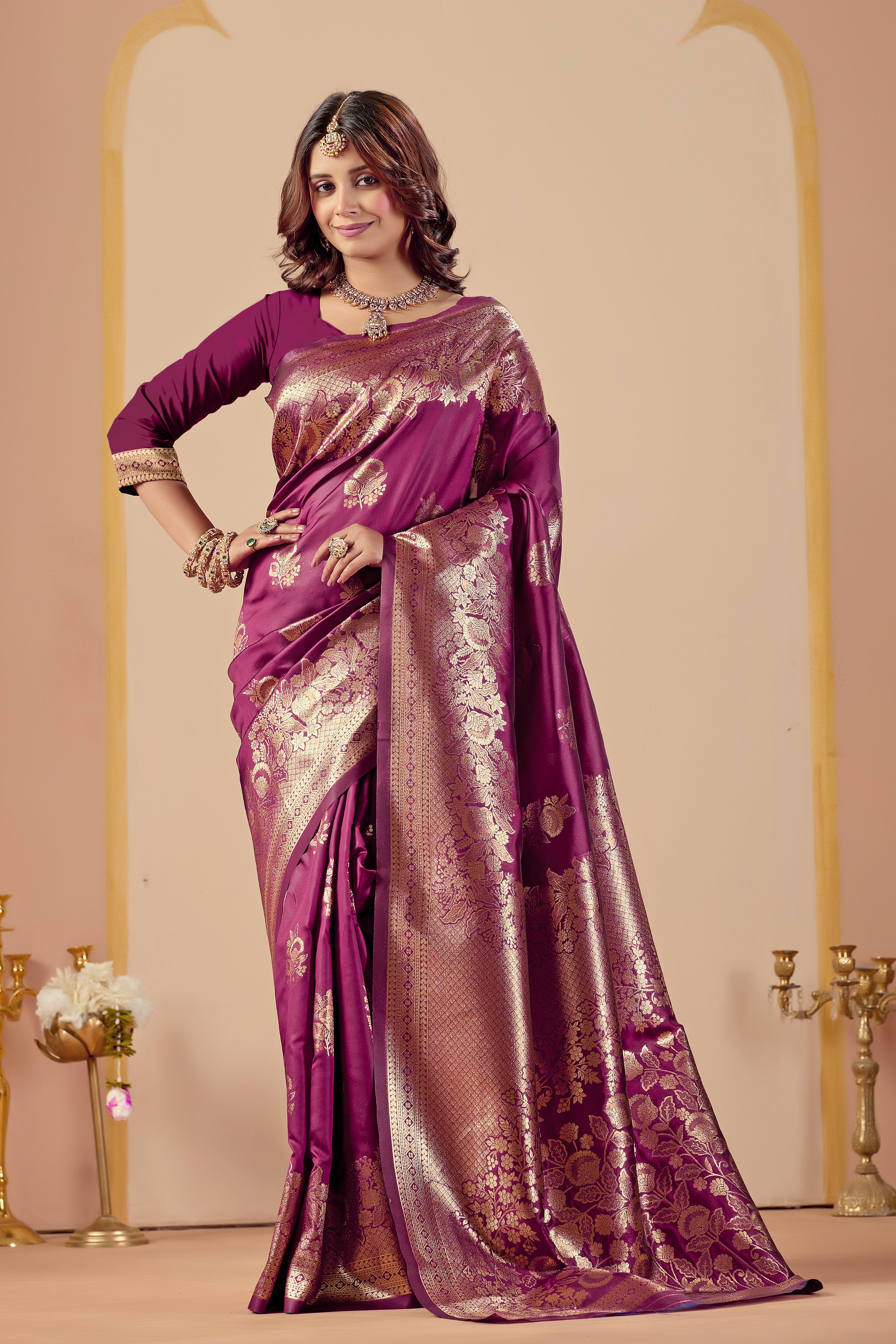 Dark Purple Silk Woven Banarasi Saree With Zari Work