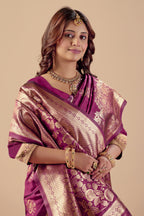 Dark Purple Silk Woven Banarasi Saree With Zari Work
