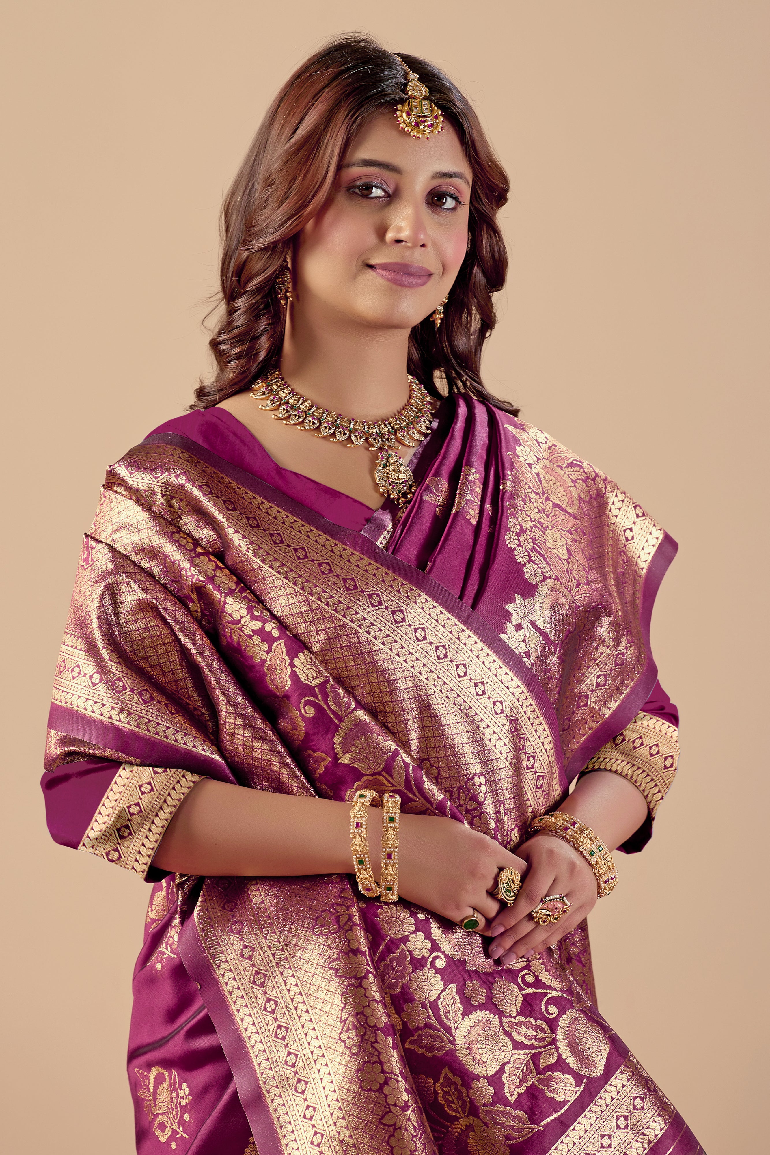 Dark Purple Silk Woven Banarasi Saree With Zari Work