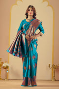 Teal Blue Silk Woven Banarasi Saree With Zari Work