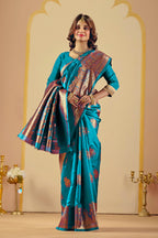 Teal Blue Silk Woven Banarasi Saree With Zari Work