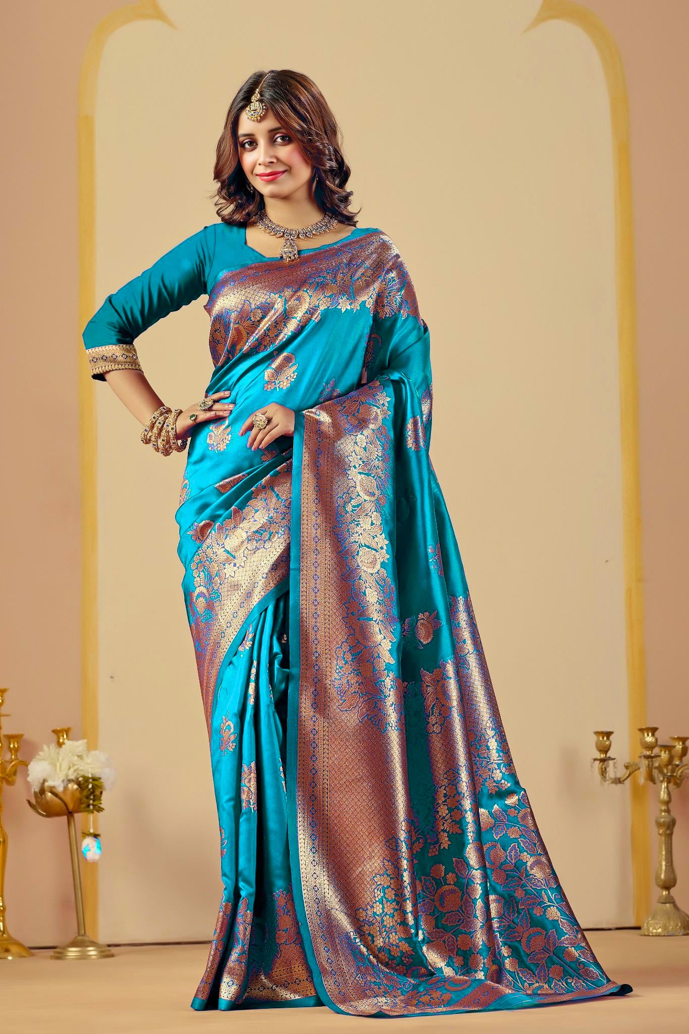 Teal Blue Silk Woven Banarasi Saree With Zari Work