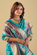 Teal Blue Silk Woven Banarasi Saree With Zari Work