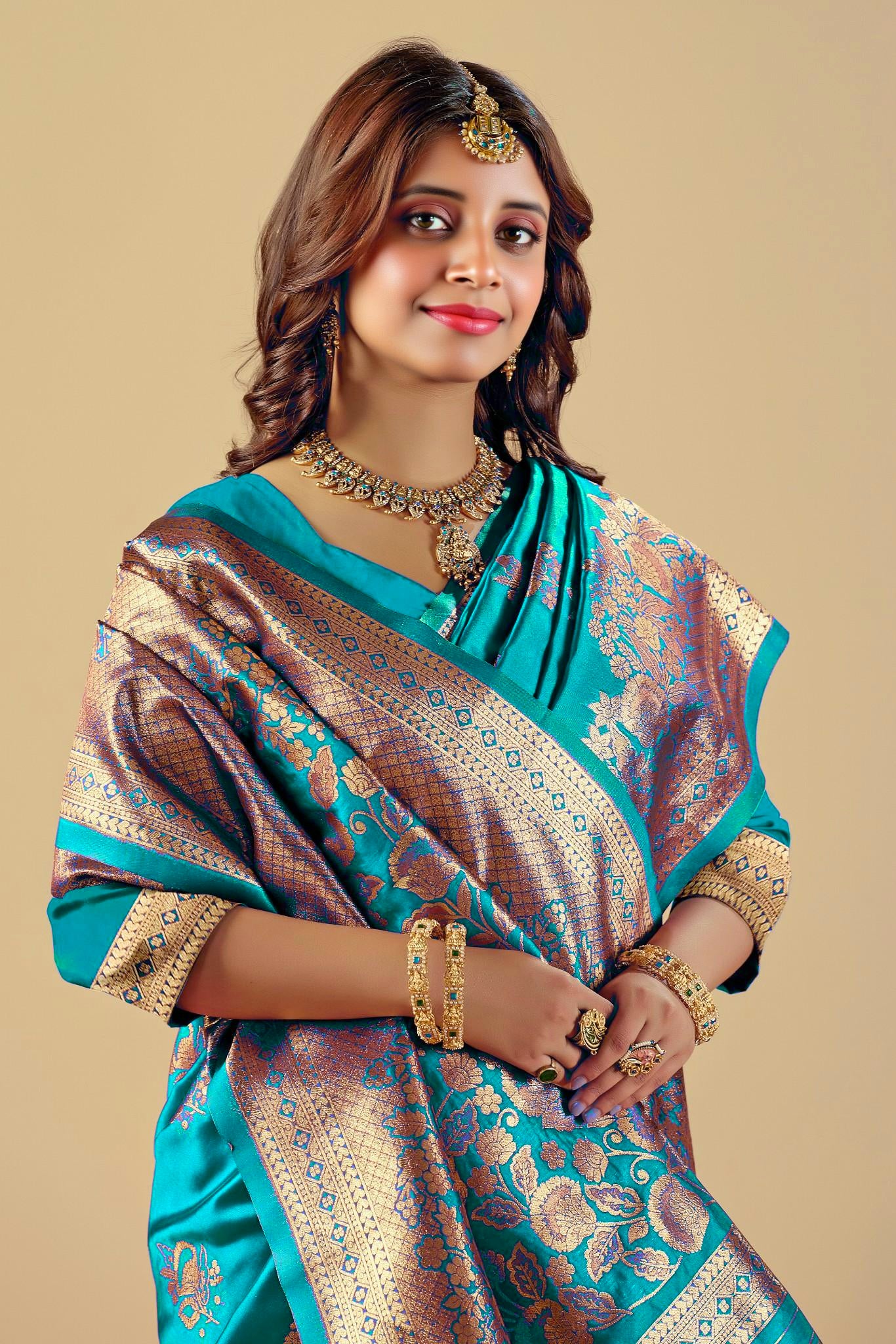Teal Blue Silk Woven Banarasi Saree With Zari Work
